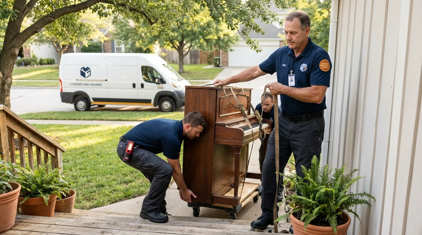 Licensed piano movers securing grand piano in Dewey, OK