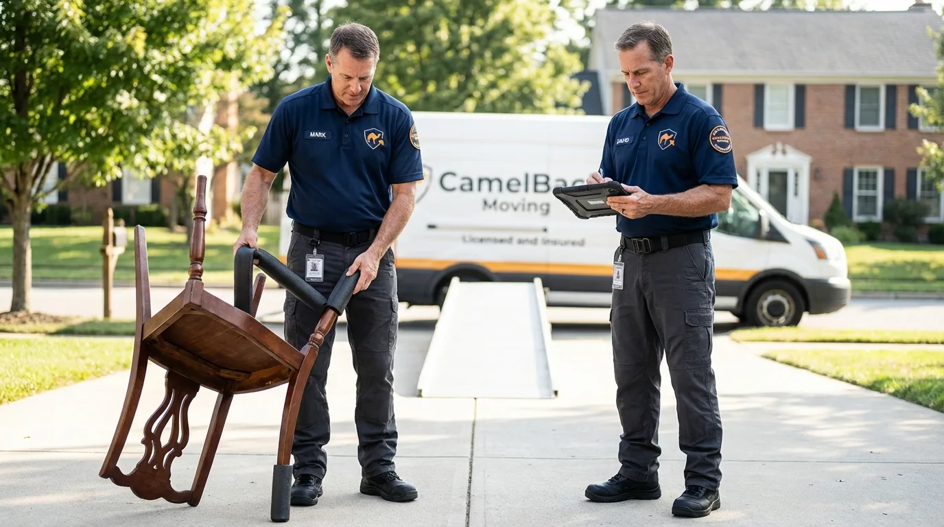 Movers inspecting furniture for damage prevention before loading in Dewey, OK